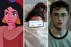 A close up of Princess Jasmine, a person sleep in a bed with the covers pulled to their chin, and Harry Potter stares directly into the camera