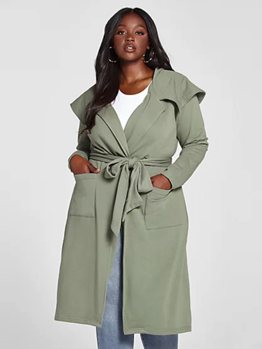 model wearing green french terry jacket