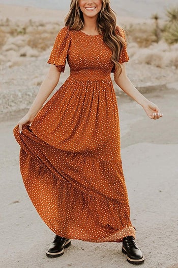 A model wearing the dress in Camel