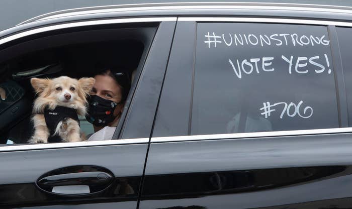 A car reading, &quot;Union strong, vote yes!&quot;