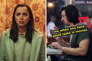 On the left, Ana de Armas as Marta in Knives Out, and on the right, Adam Driver making an okay symbol with his fingers on girls with an arrow pointing to him and me when you have good taste in movies typed under his face