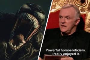 Venom side by side with a man reviewing something, stating: "Powerful homoeroticism, I really enjoyed it"