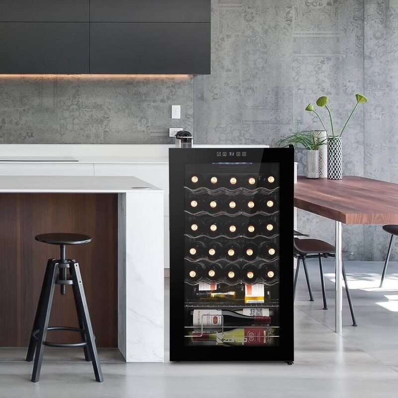a mini wine fridge that holds 34 bottles