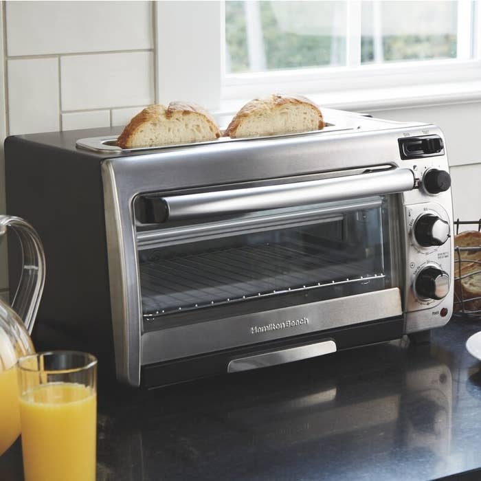 a toaster oven on a kitchen counter