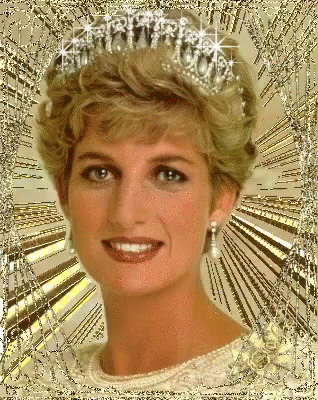 GIF of Princess Diana smiling with a dazzling background.