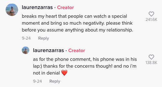 Lauren said &quot;as for the phone comment, his phone was in his lap :) thanks for the concern though! an no i&#x27;m not in denial [heart emoji]