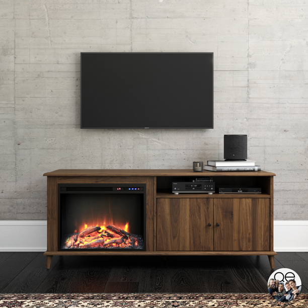 brown faux wood stand with cabinet and electric fireplace