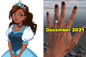 On the left, a cartoon princess wearing a crown and ball gown, and on the right, someone showing off their diamond engagement ring in front of the ocean labeled December 2021