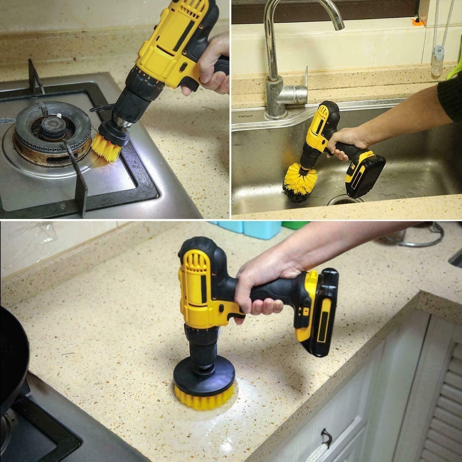 A person using the brush heads to clean various parts of their home