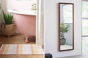 A split photo of a colorful bath mat and a wall mirror with wooden trim