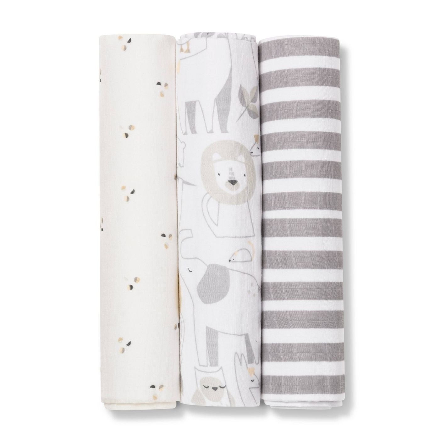 Three animal Muslin swaddle blankets