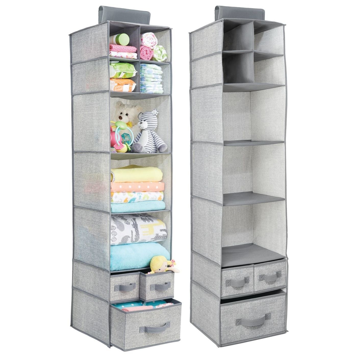 Two closet organizers with baby stuff