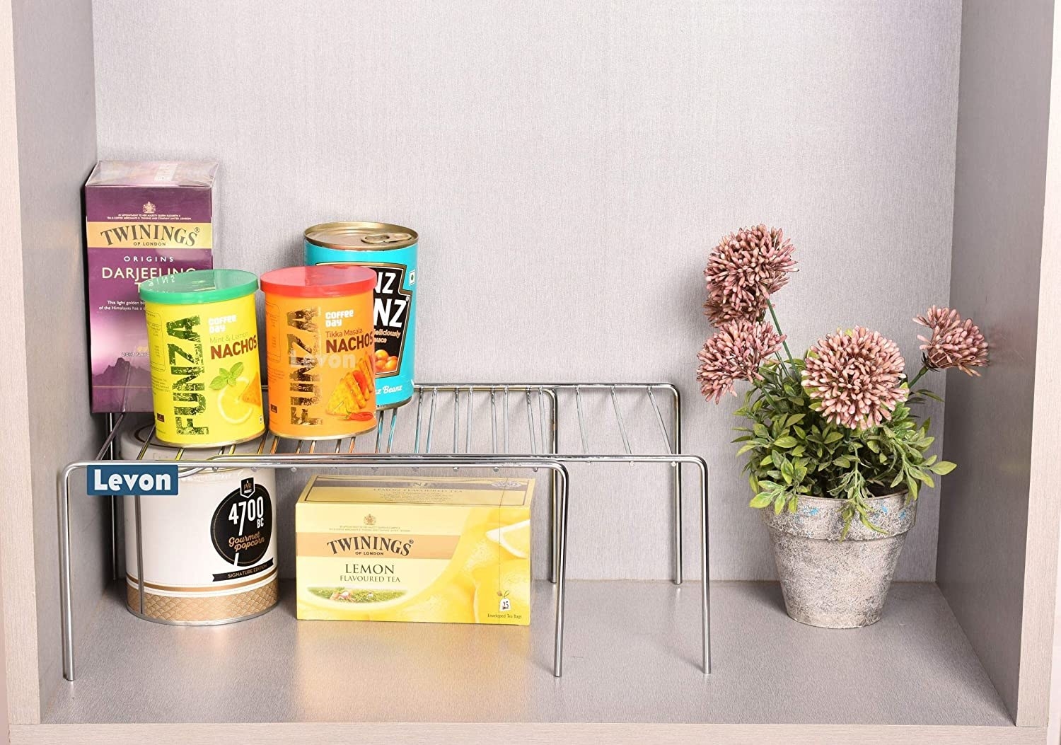 An expandable rack with kitchen ingredients on it
