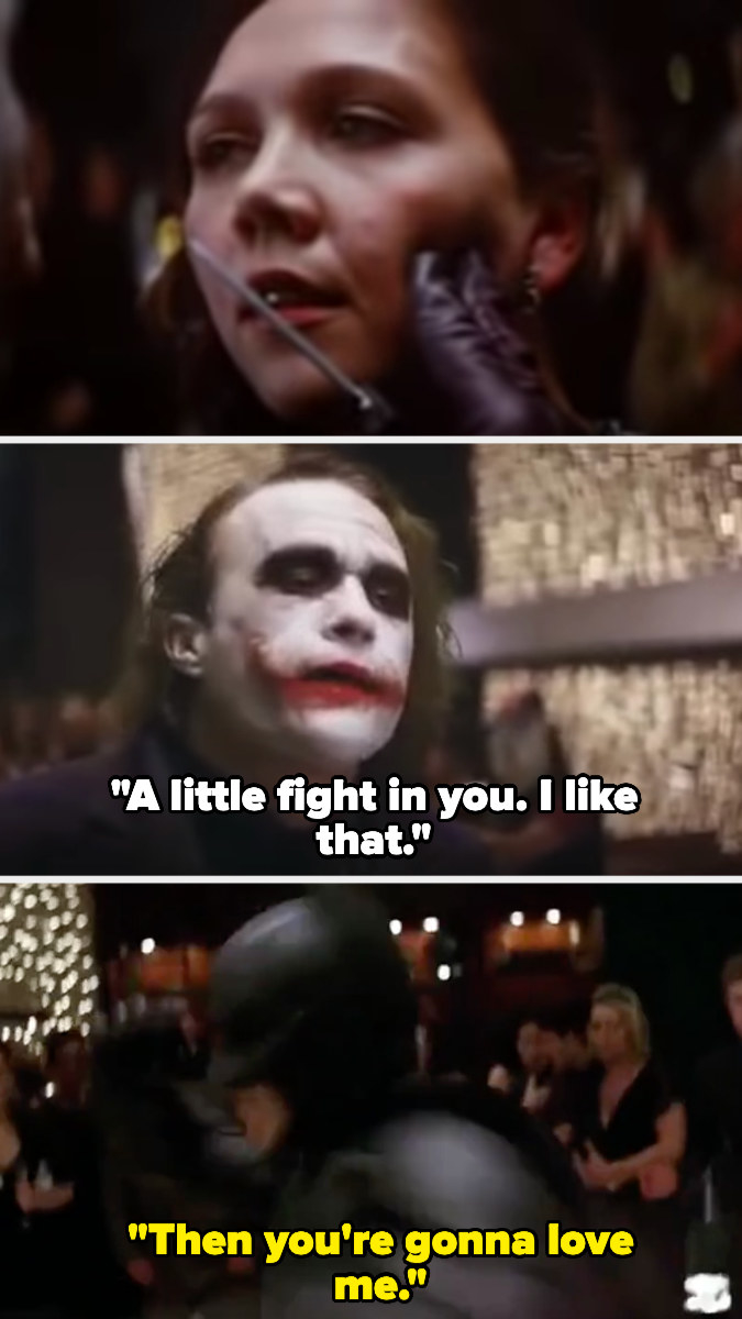 Joker (with a knife to Rachel&#x27;s face): &quot;a little fight in you, I like that&quot;...Batman: &quot;then you&#x27;re gonna love me&quot;
