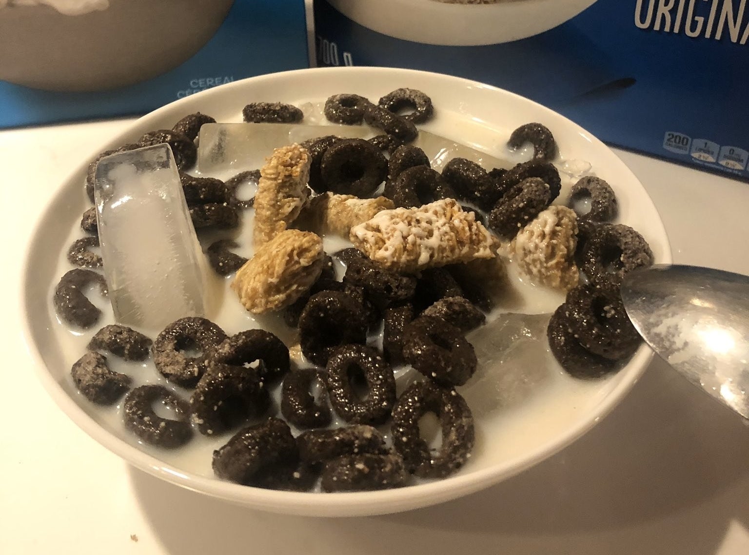 Fruit Loops and Wheaties in milk with ice