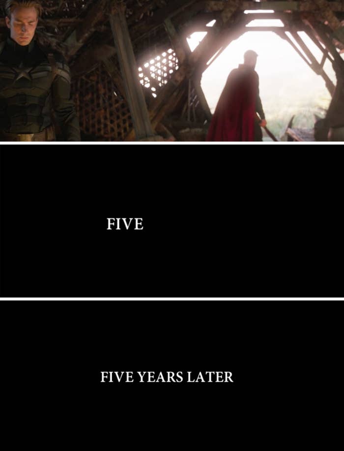 Thor walking out of Thanos&#x27; hut, and a title card reading &quot;Five years later&quot;