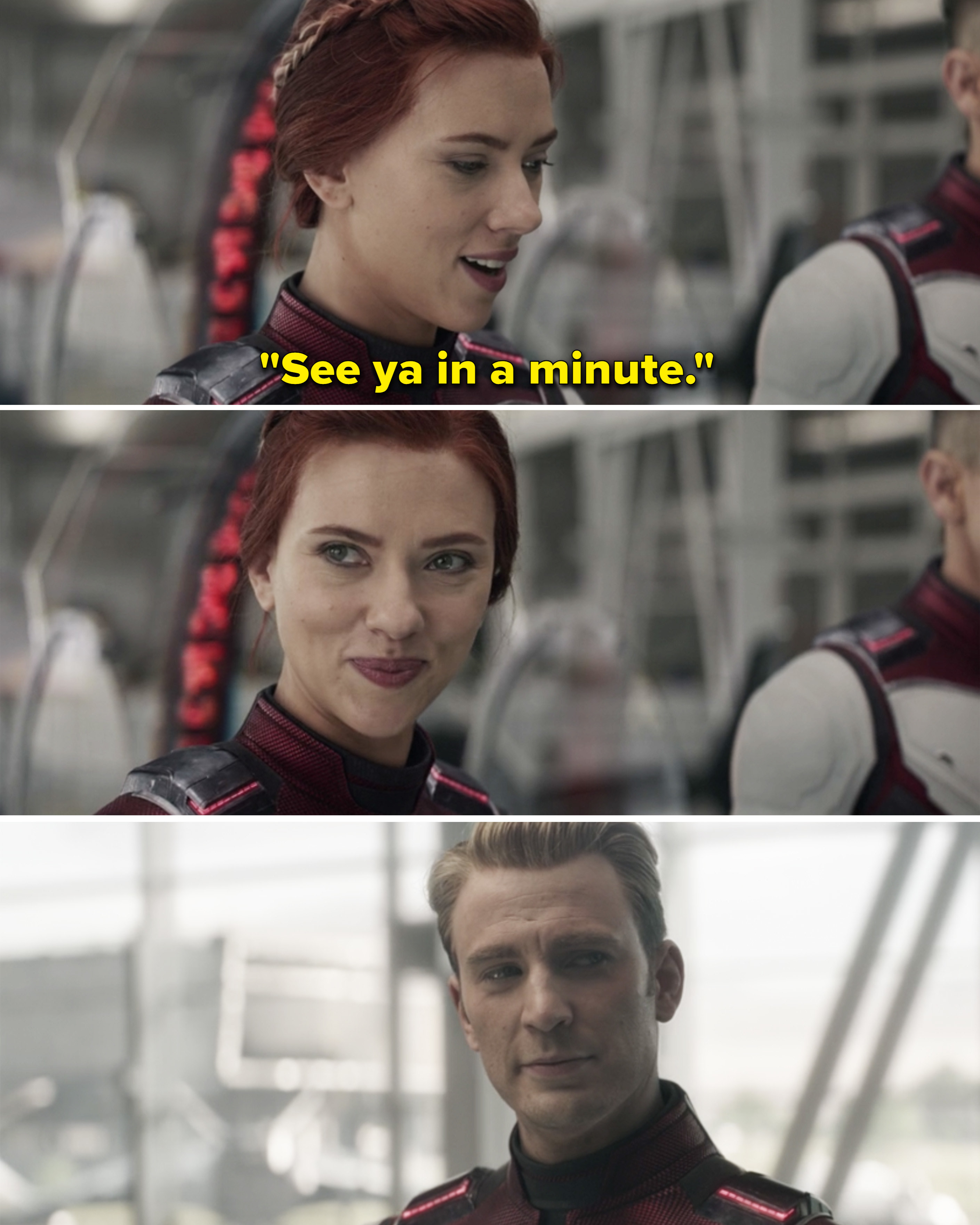 Natasha looking at Steve and saying, &quot;See ya in a minute&quot;