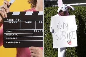 Movie clapperboard and a guy in a bunny suit with an "on strike" sign