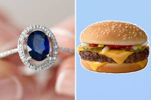 On the left, someone holding a sapphire ring, and on the right, a Quarter Pounder With Cheese from McDonald's