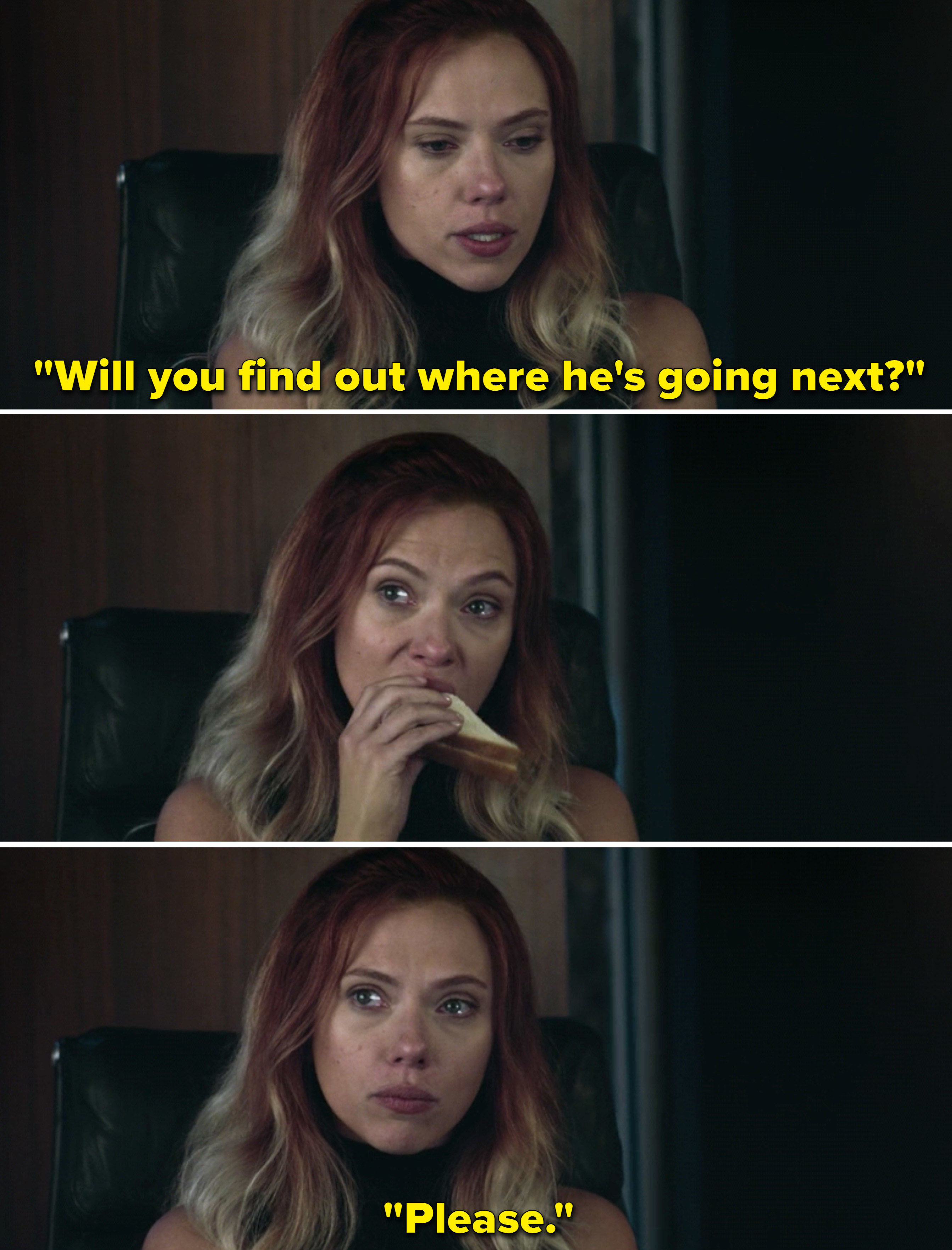 Natasha crying while eating her sandwich and saying, &quot;Will you find out where he&#x27;s going next? Please&quot;