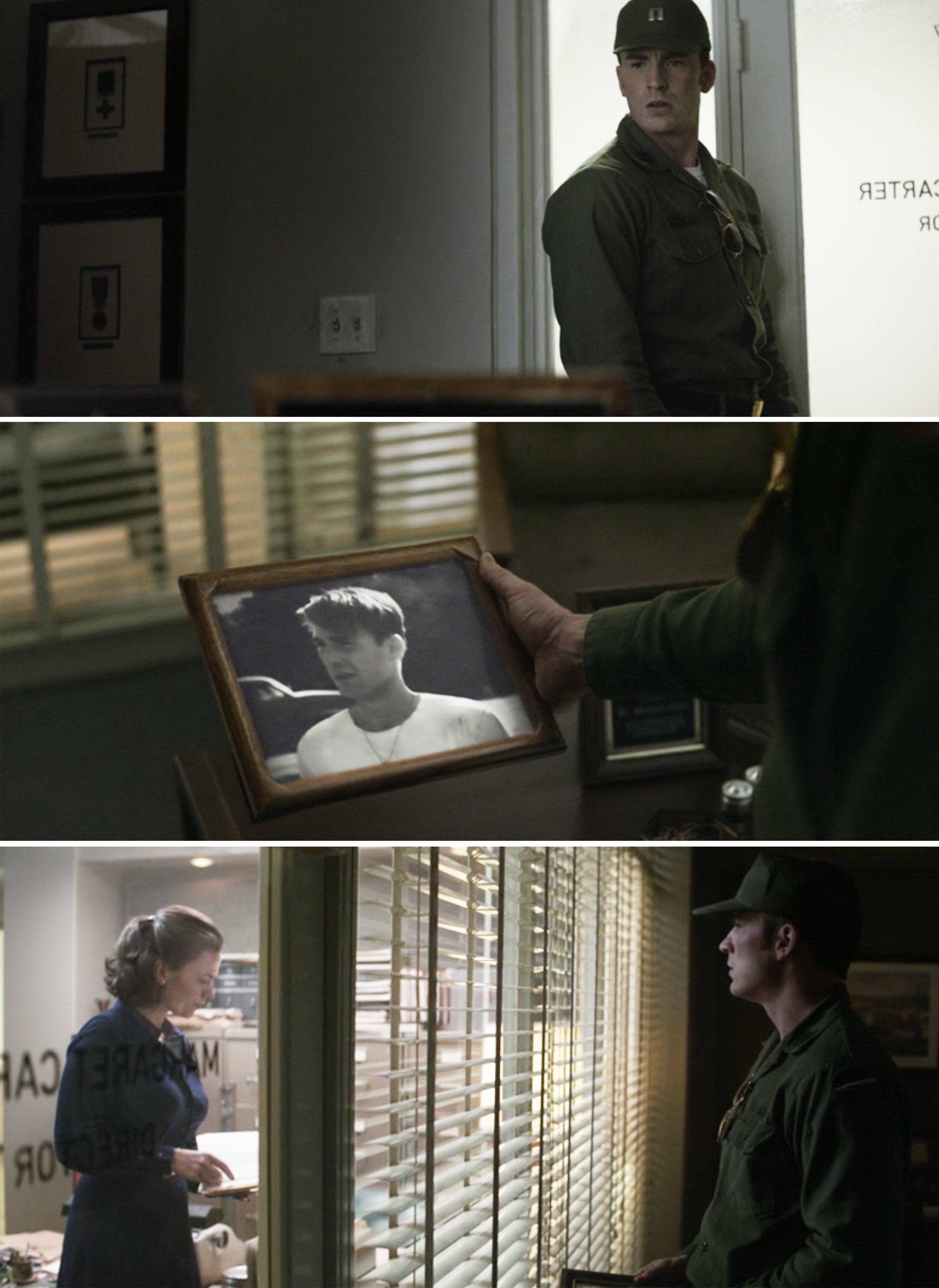 Steve holding an old picture of himself and spotting Peggy through a window