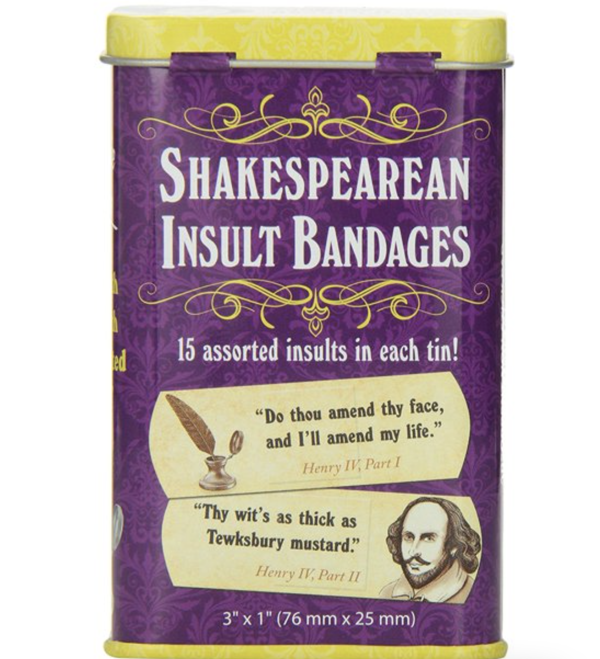 tin bandage container with examples of the jokes on the front