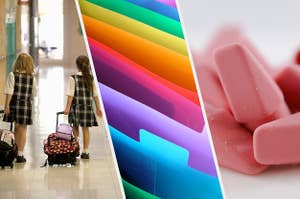 Three split images from left: girls with rolling backpacks, colorful file folders and pencil top erasers