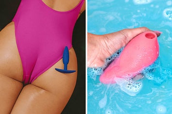 模型与蓝色对接插头的身体和模型持有粉红色吸玩具在肥皂水
