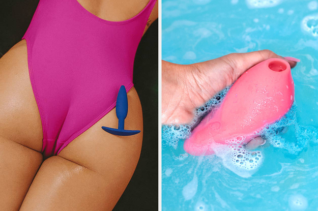 Model with blue butt plug on body and model holding pink suction toy in soapy water