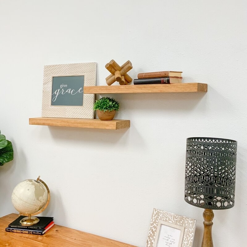 the oak shelves with books and a plant