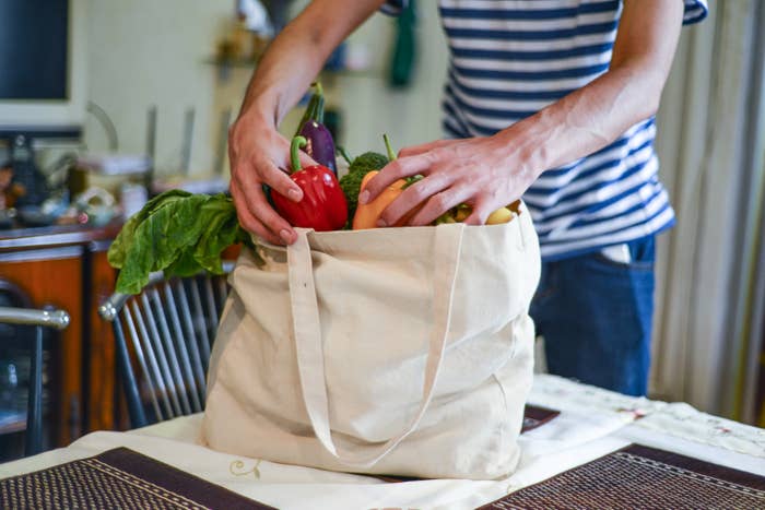 Person taking groceries out of a tote bag