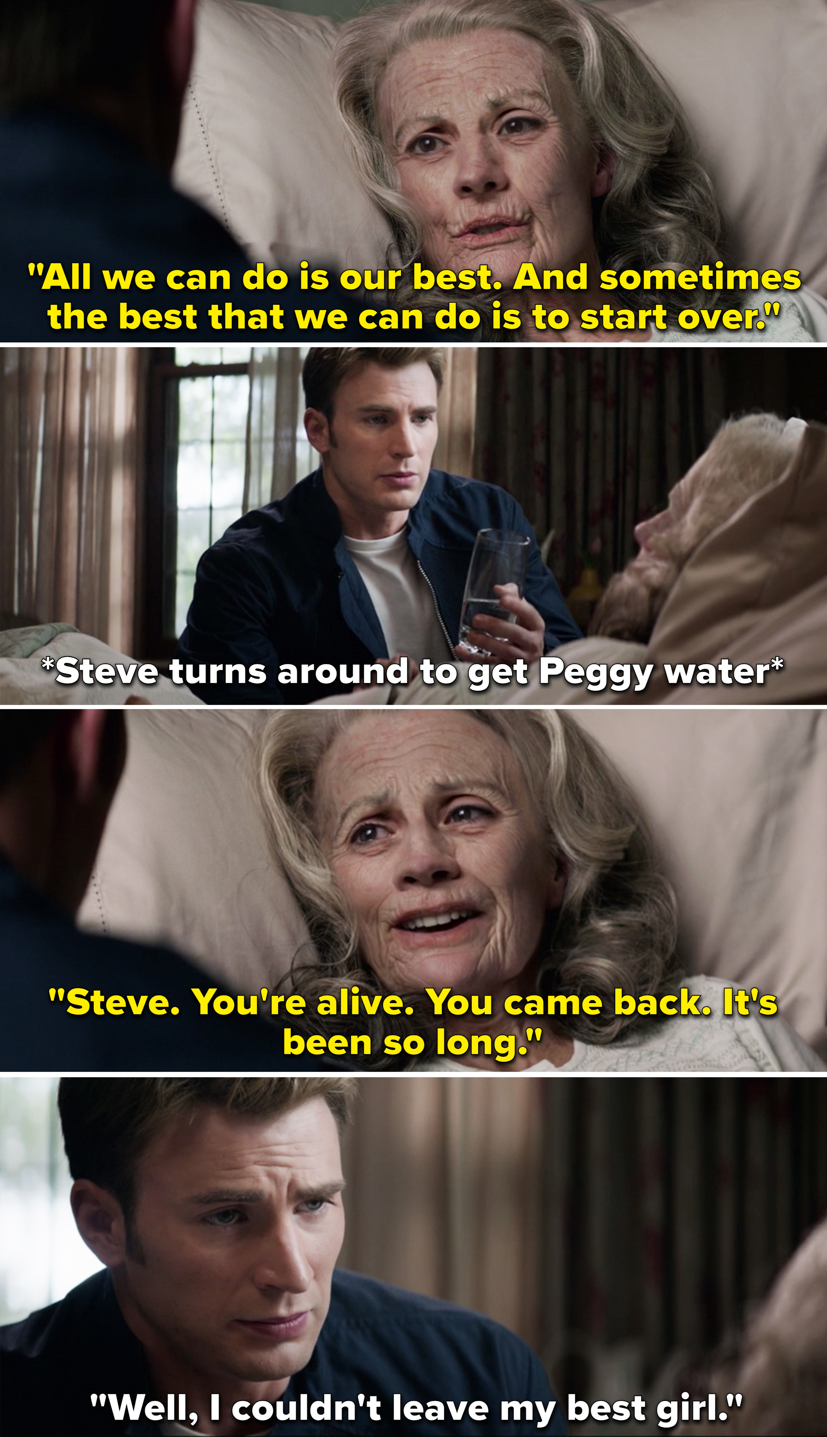 Peggy telling Steve they need to start over, then Steve gets a glass of water and she says, &quot;Steve you&#x27;re alive&quot;