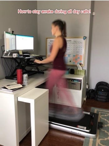 reviewer photo as a blurry blur running on treadmill while working at desk, caption 
