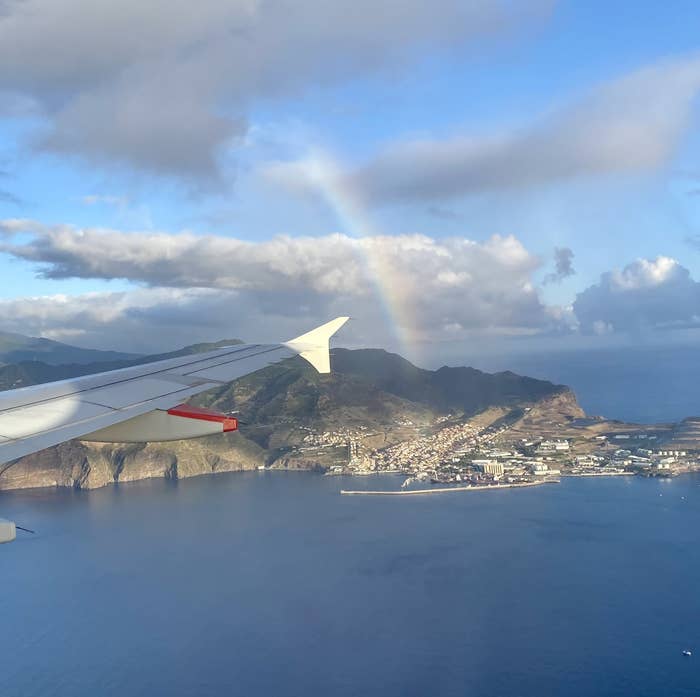 view of a rainbow from the airplane