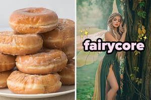 On the left, a stack of glazed donuts, and on the right, someone with long hair and fairy wings resting against a tree labeled fairycore