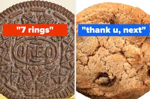 An Oreo is on the left labeled, "7 rings" with a chocolate chip cookie labeled, "thank u, next"