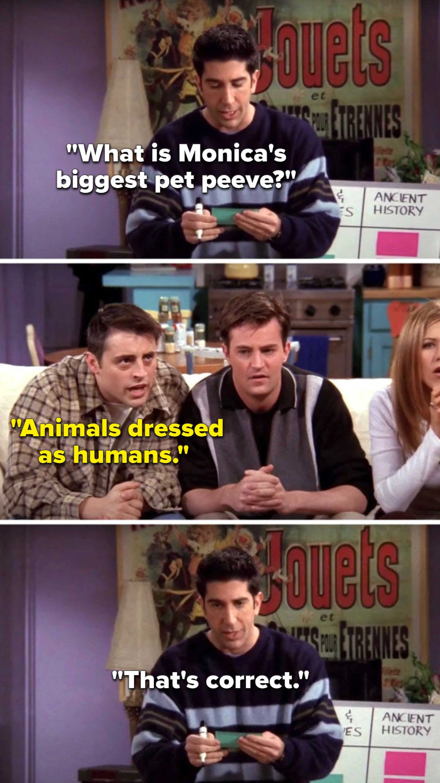 Ross asks, What is Monica&#x27;s biggest pet peeve, Joey says, Animals dressed as humans, and Ross says, That&#x27;s correct