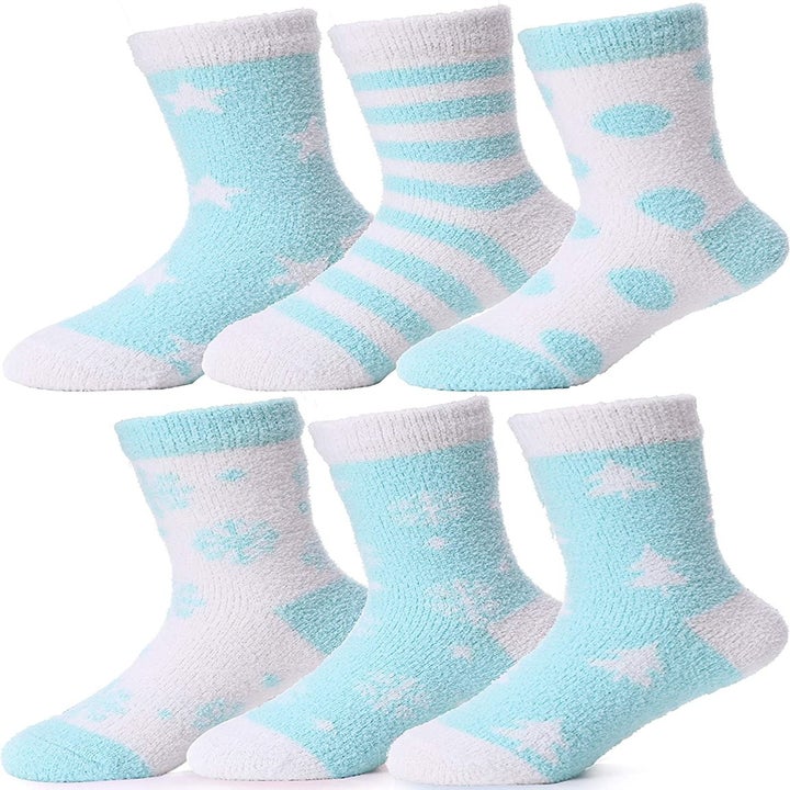The fuzzy socks in blue and white