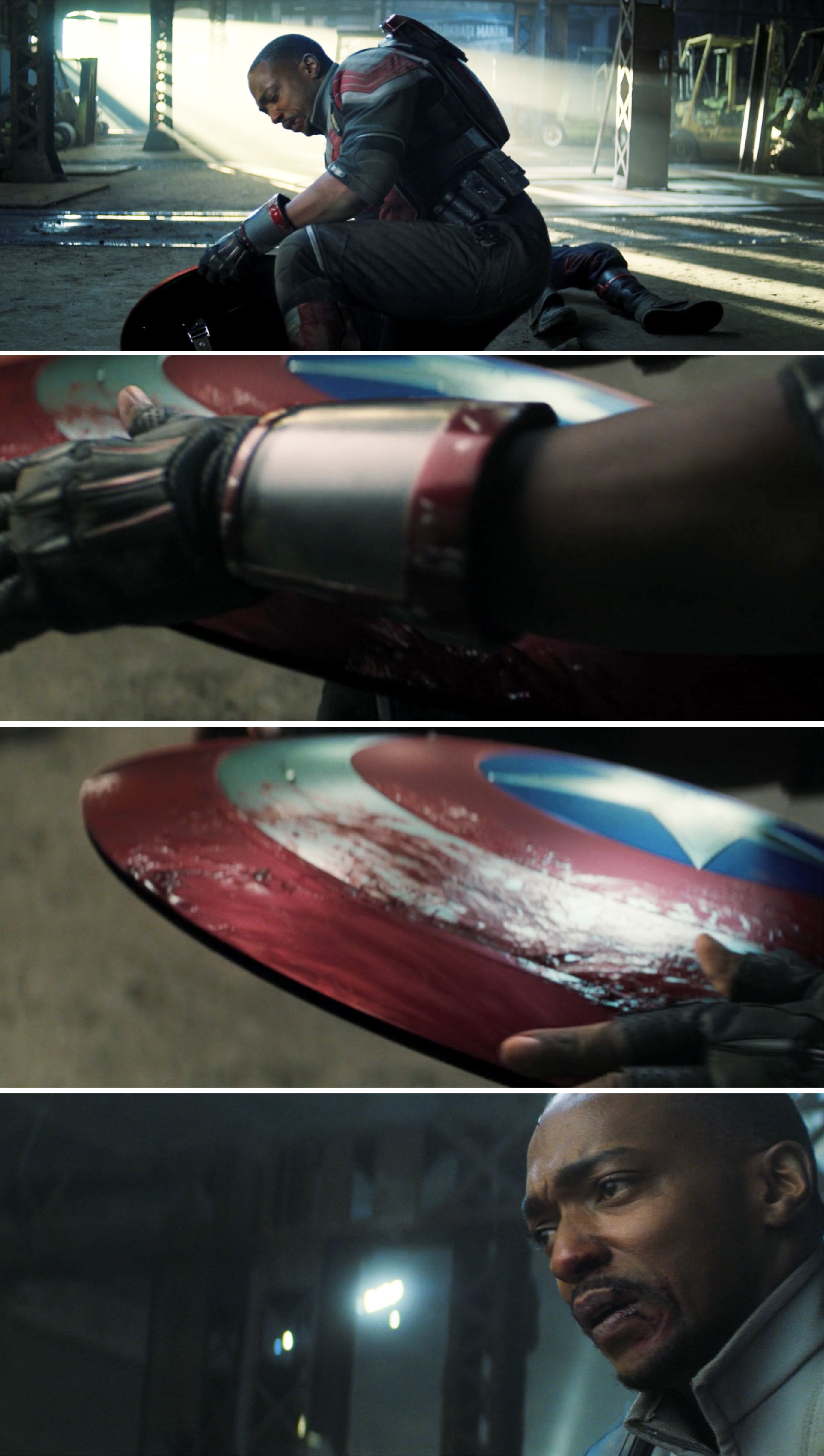 Sam getting emotional while cleaning blood off of Captain America&#x27;s shield