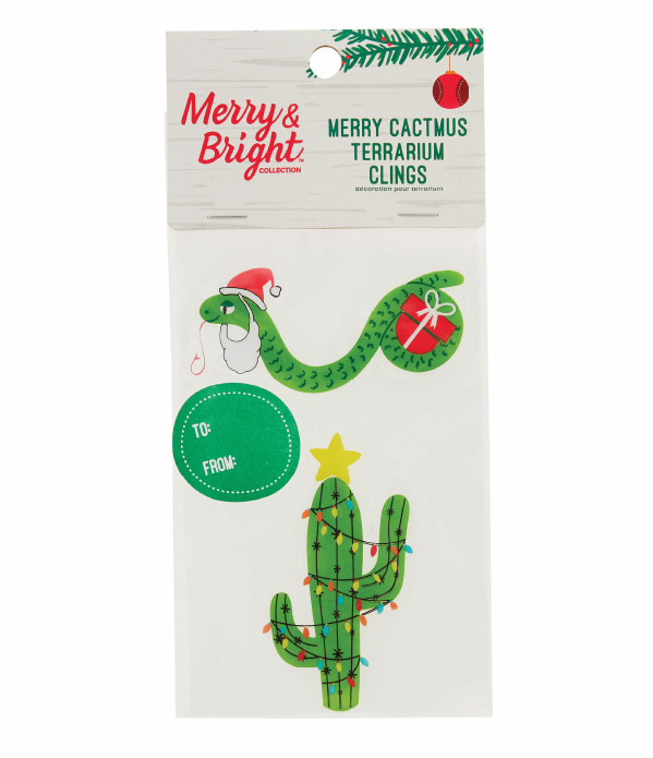 stickers for a terrarium with a cactus in christmas lights and a snake in a santa hat