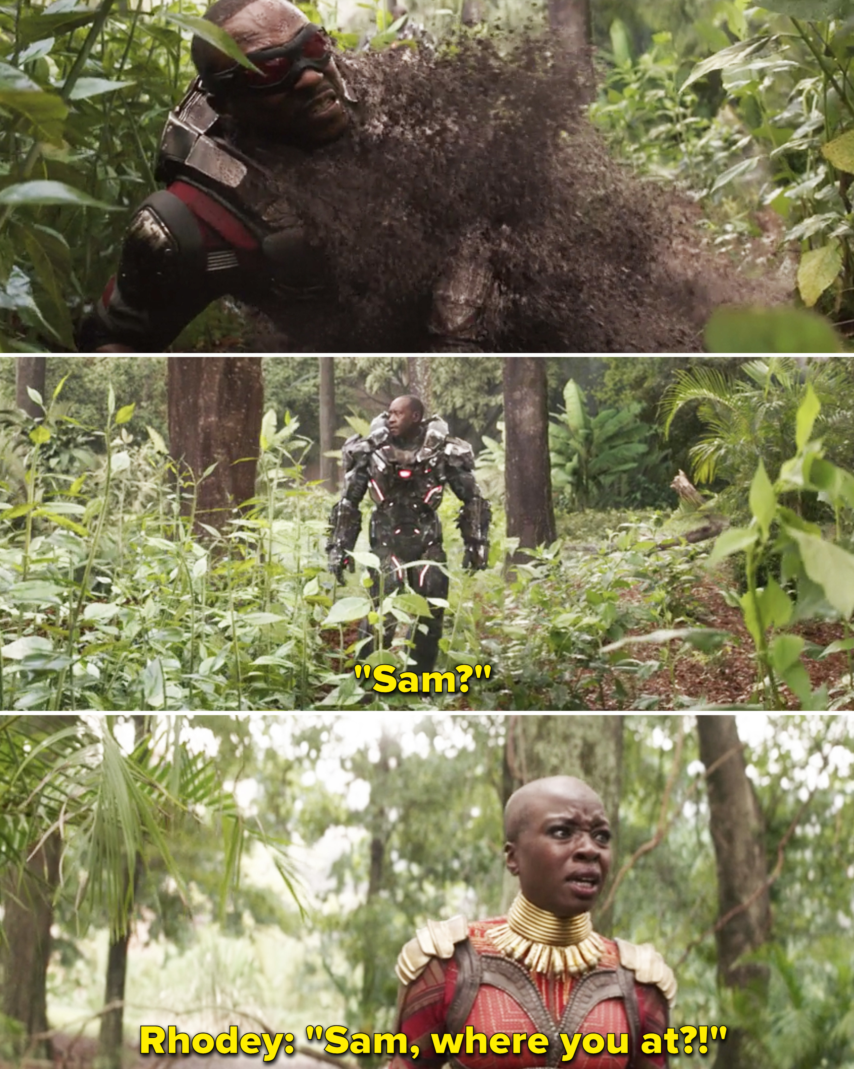 Sam disappearing and Rhodey saying, &quot;Sam? Sam, where you at?&quot;