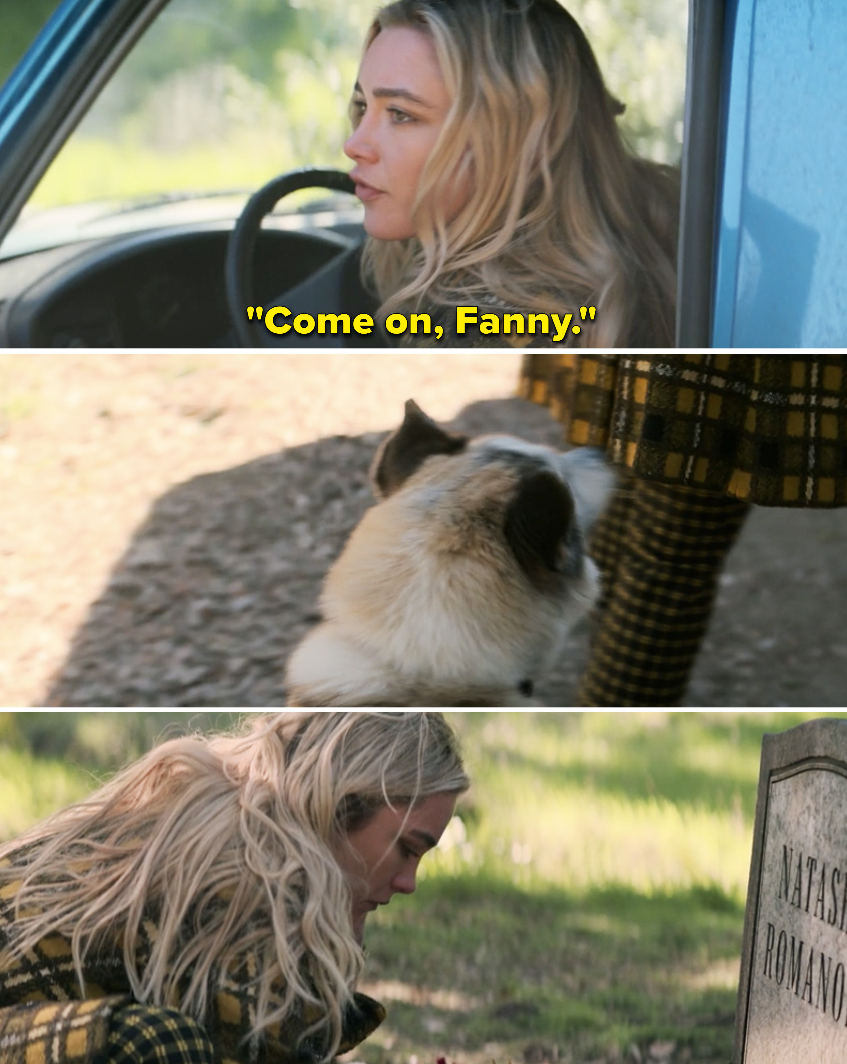 Yelena saying, &quot;Come on, Fanny&quot; as her dog jumps out of her truck