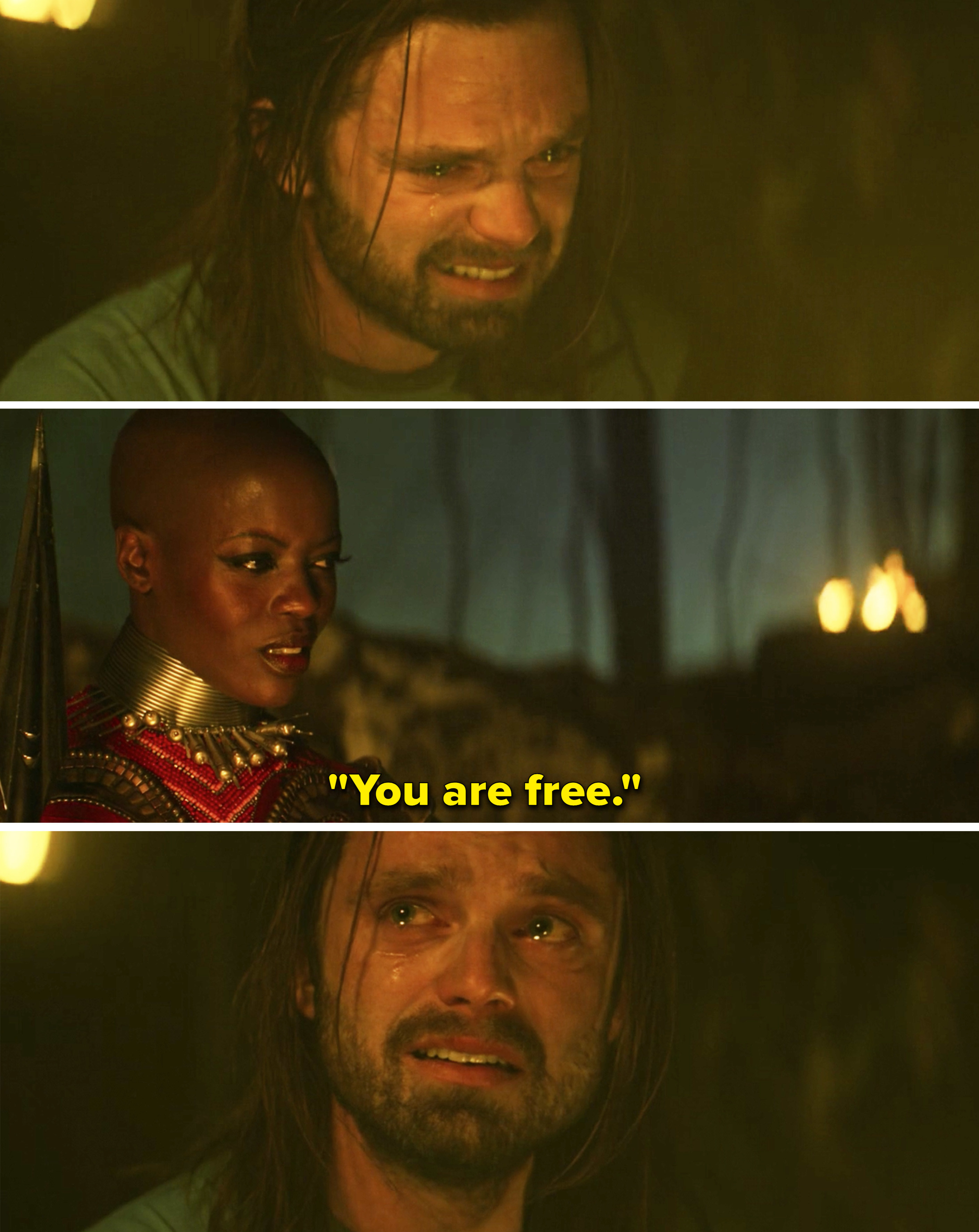 Ayo telling Bucky, &quot;You are free&quot; as Bucky sobs