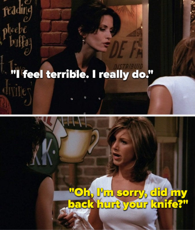 Monica says, I feel terrible, I really do, and Rachel says, Oh, Im sorry, did my back hurt your knife