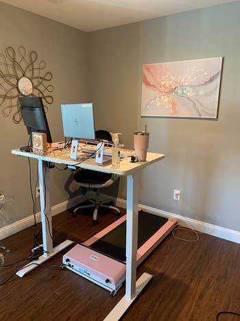 reviewer photo of pink treadmill under a sit-stand desk