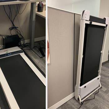 side-by-side reviewer photos of white treadmill under desk and folded up against a wall
