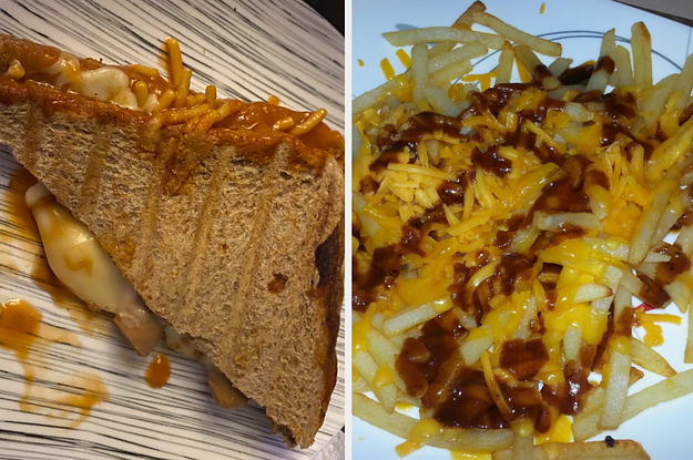 A spaghetti sandwich and fries covered in melted cheese and A1 sauce