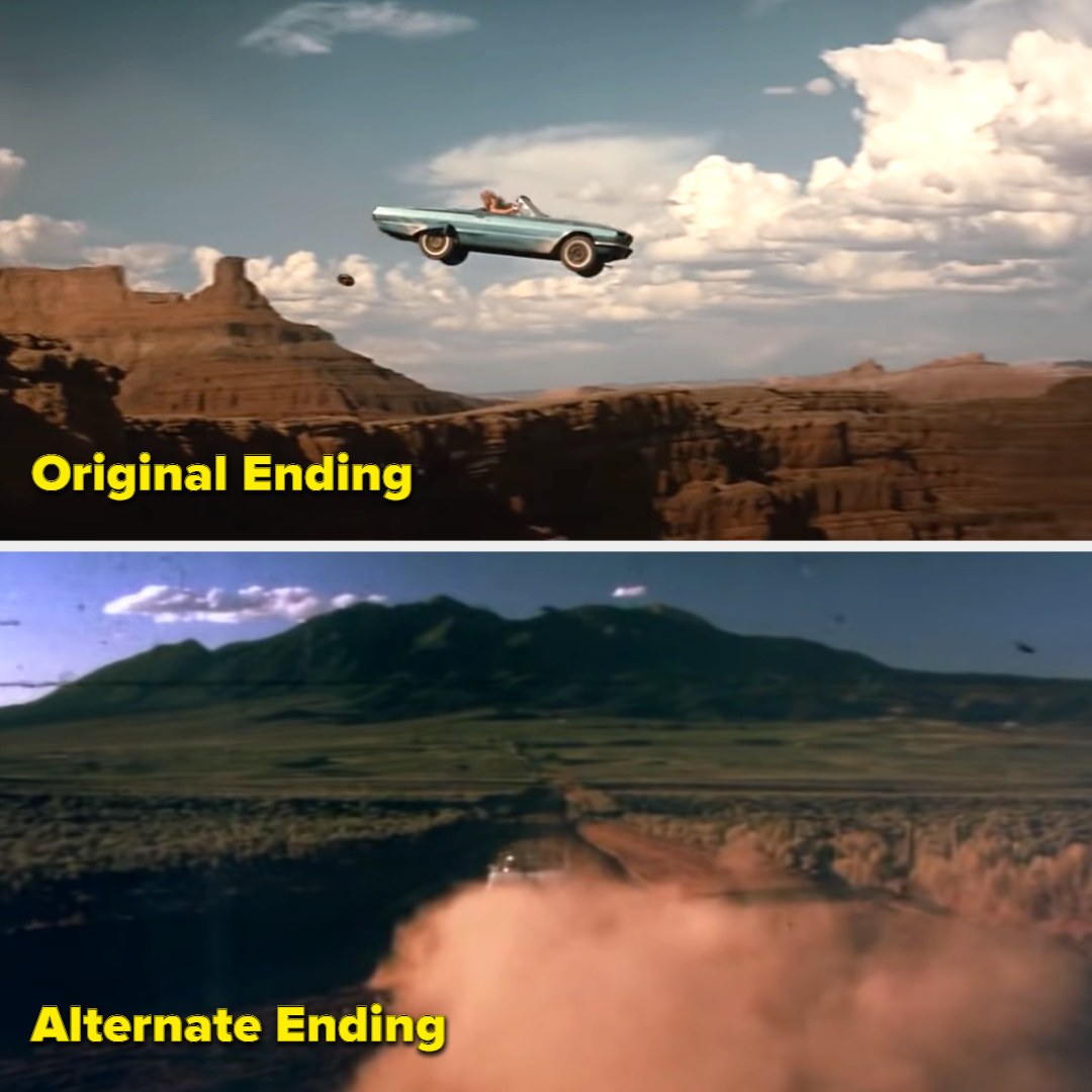 Original ending with the car flying off into a canyon; alternate ending with the car driving off to freedom on a road