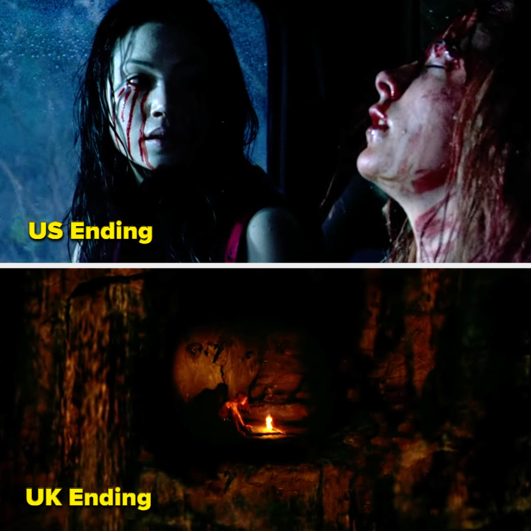 US Ending showing Juno haunting Sarah, and UK ending with Sarah still stuck in the cave