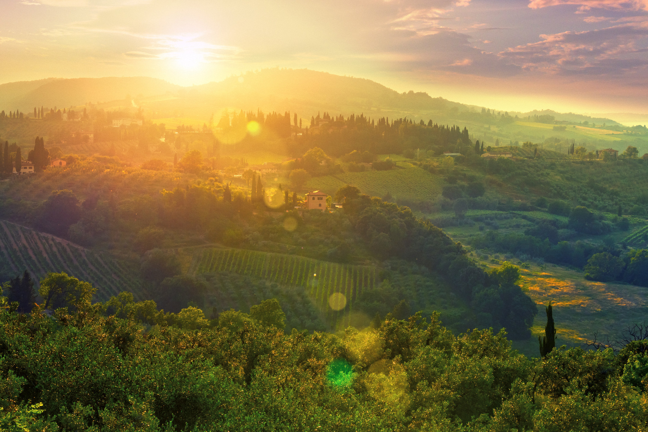 Landscape in Tuscany, Italy at sunset.